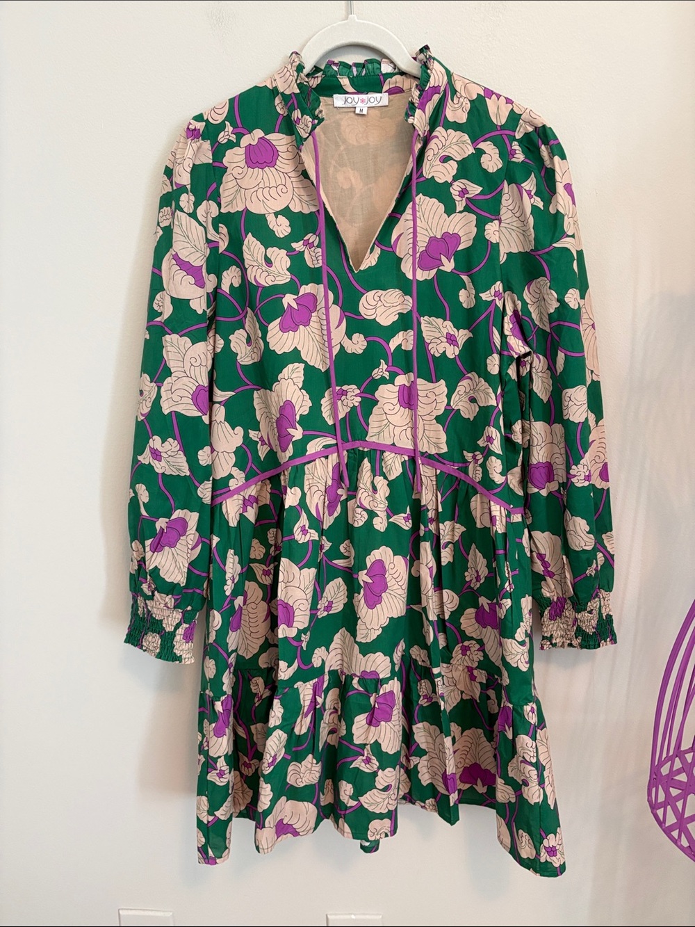 Joy Joy Green Floral Long Sleeve Tiered Mini Dress NWOTS